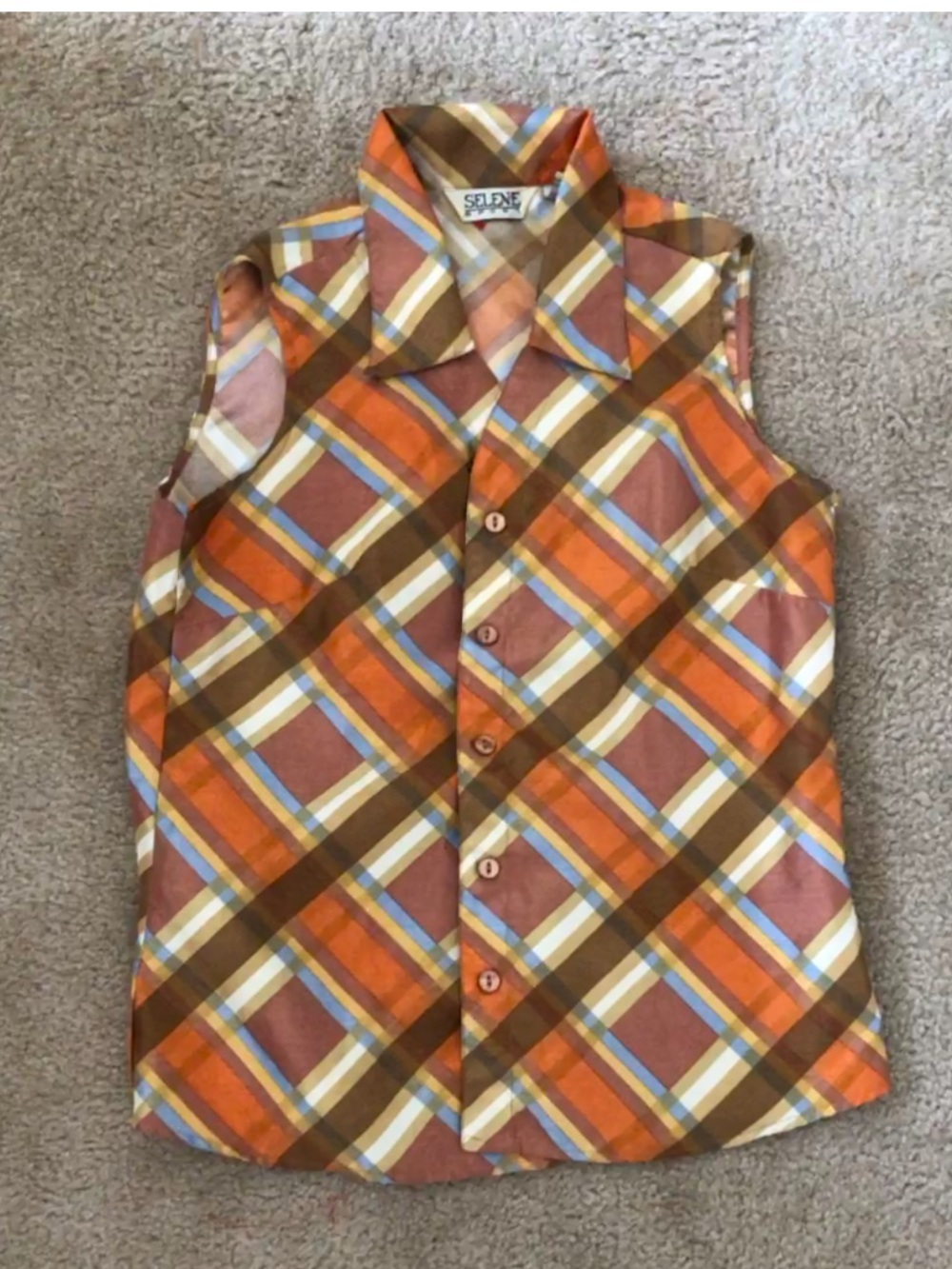 Vintage Plaid Sleeveless Button-Up Shirt - Orange & Brown